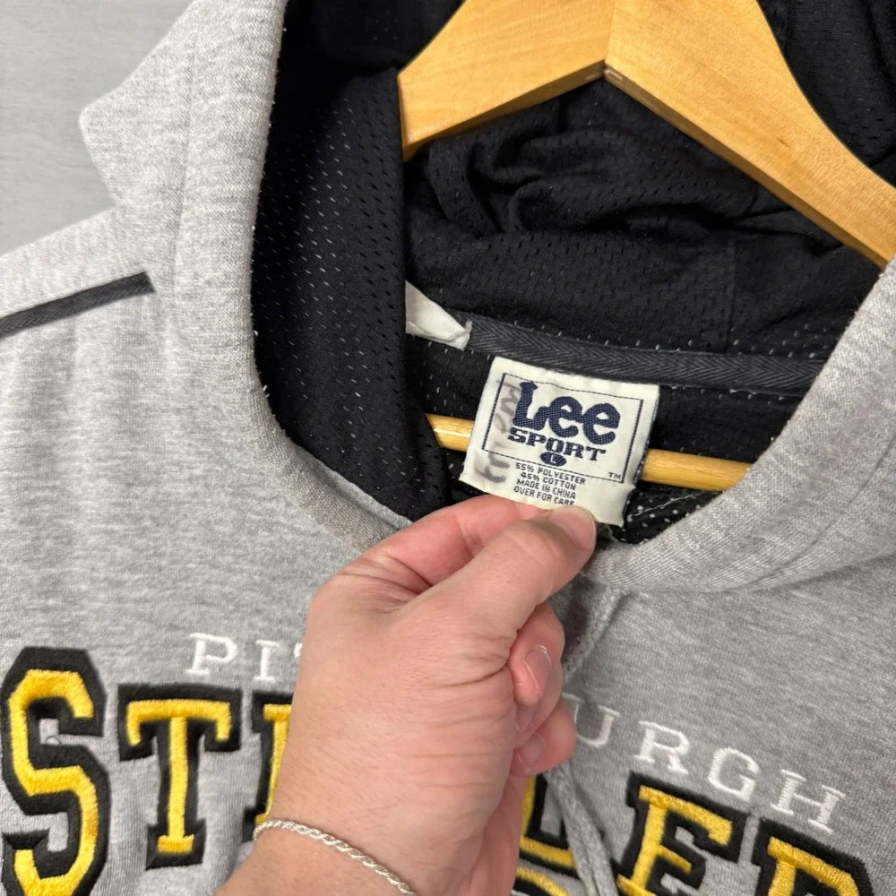 RARE Lee Sport‎ Pittsburgh Steelers Vintage Hoodie Grey NFL Sweatshirt Large